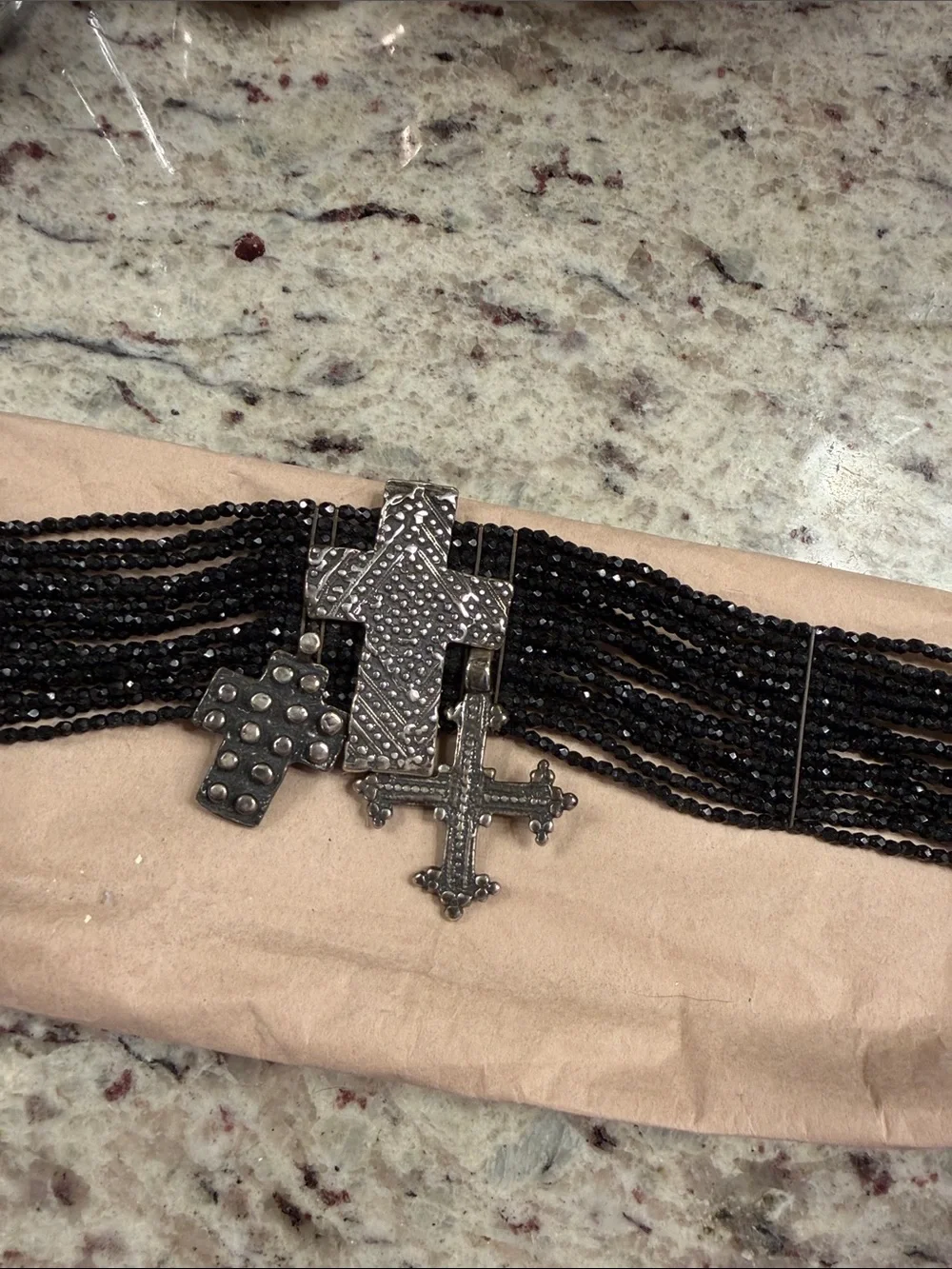 Multi-Strand Black stones with sterling silver Cross Charms - Picture 1 of 7